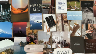  A collage-style vision board with inspirational quotes, travel photos, self-care reminders, and motivational affirmations like "Dream Big" and "Invest."